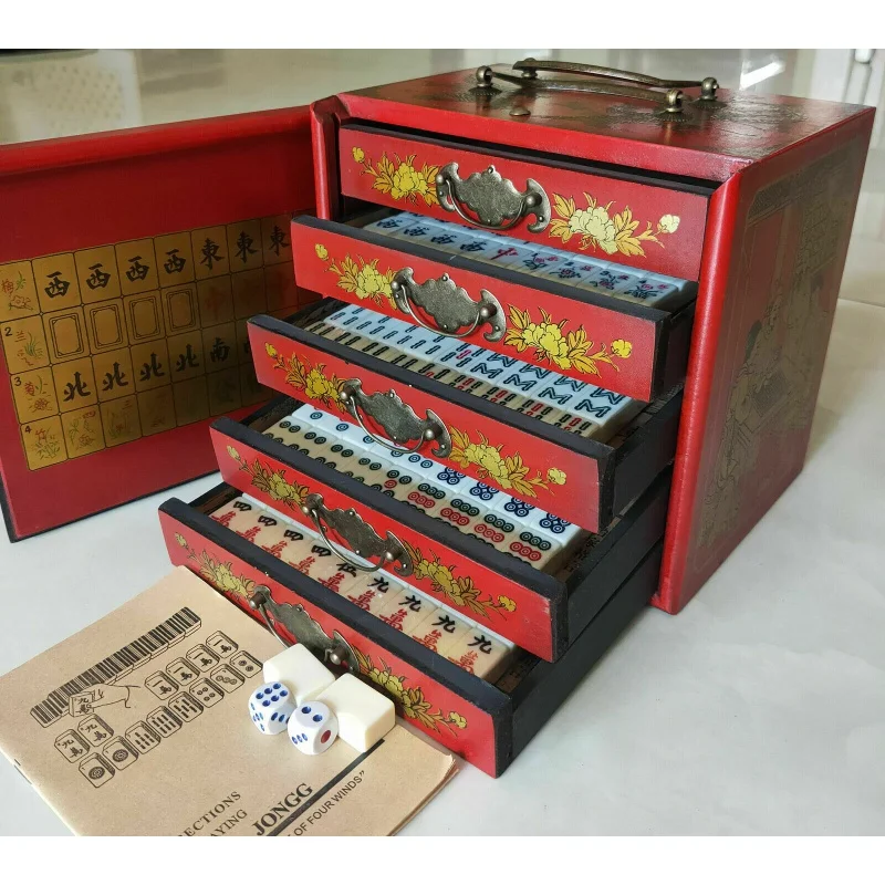 Portable Retro Mahjong 144 Tiles Game Mah-Jong set In wood 5 drawer draw Box