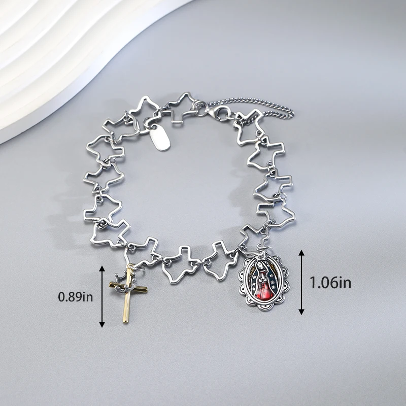 

Genuine 925 sterling silver Texas Charm Bracelet paired with Enamel of Our Lady of Guadalupe and Crown enamel cross pendant