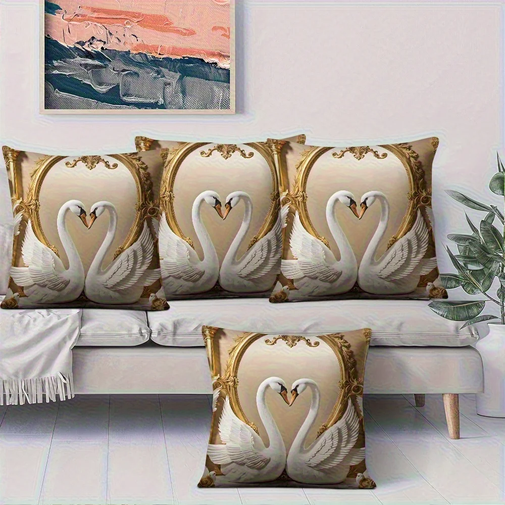 4pcs Swan Gold Frame Pillow Covers, Living Room Sofa Decorative Pillows,  Single-sided Print, Insert Not Included
