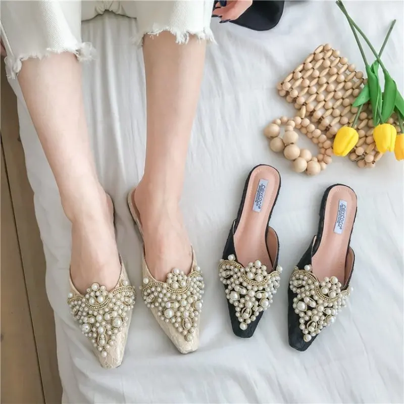 Ballets Slippers Women Imitation Pearl Pointed Toe Mules Sandals Shoes Female Crystal Summer Casual Flat Shoes