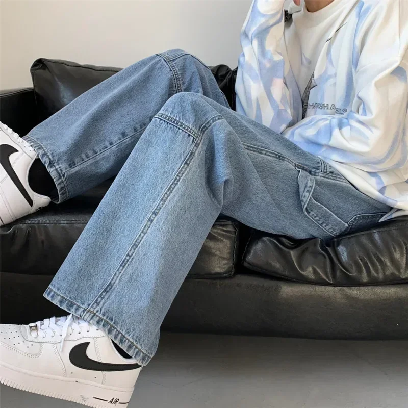 

Blue White Black Baggy Jeans Men Fashion Casual Wide Leg Jeans Men Streetwear Loose Hip Hop Straight Denim Pants Mens Trousers