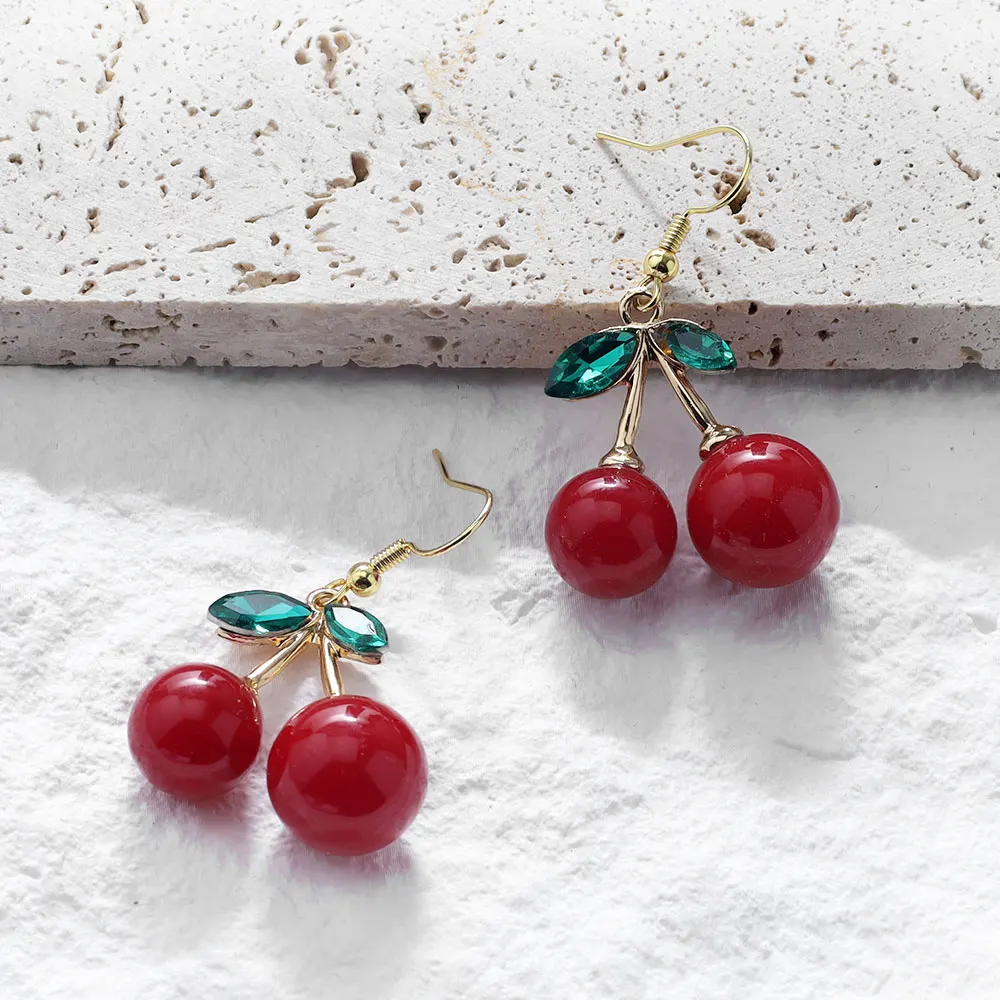 لطيف الكرز الأقراط استرخى للنساء الأحمر حجر الراين كريستال الأقراط الحلو الفاكهة الفتيات القرط الصيف الشاطئ الأزياء والمجوهرات #4