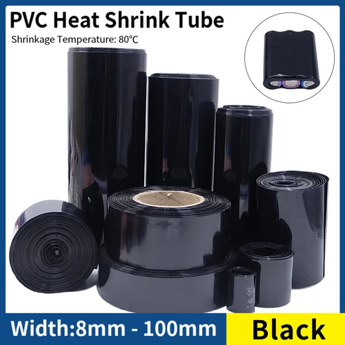 Paquete de tubos termorretráctiles de PVC para batería Lipo, 1/5/20M, 8mm ~ 100mm, envoltura de película aislada, funda de Cable de protección de caja de litio, color negro