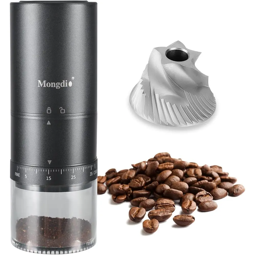 

Portable Electric Coffee Bean Grinder with 38 Adjustable Settings, Stainless Steel, Ideal for Traveling, Camping, Office, Black