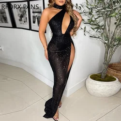 Kobiety solidne Halter zimne ramiączka cekiny wysoki muł asymetryczny Bodycon Sexy Maxi Party czarna sukienka