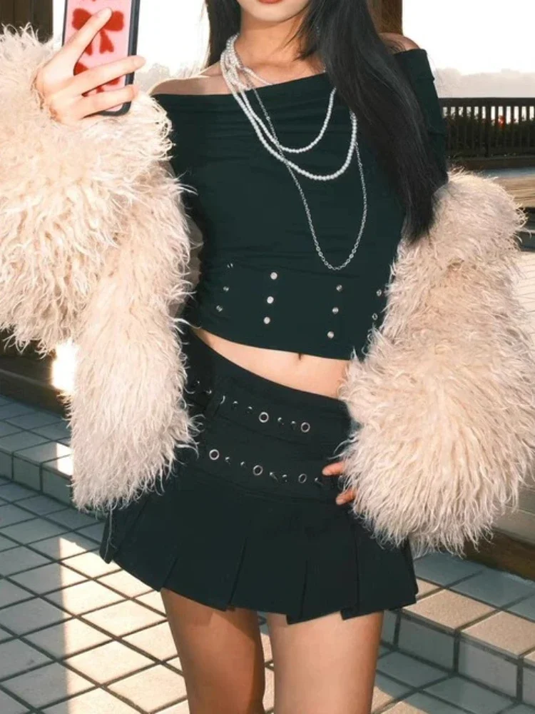 IMU Y2K Streetwear Gothic Rivet Mini Skirt Woman Gothic American Retro Pleated Skirts Elegant Hottie All-match Punk Short Skirt