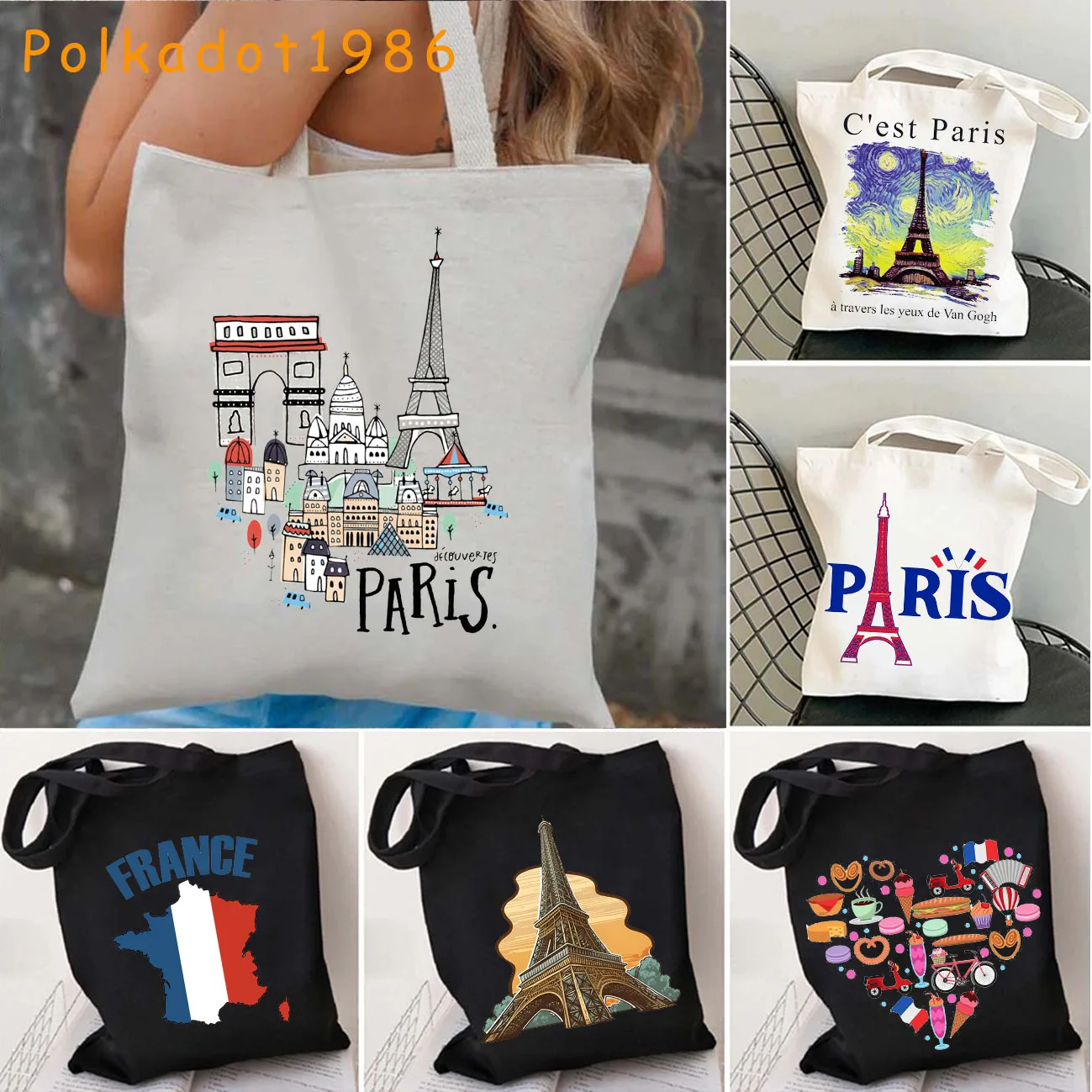 

Bonjour Starry Night Van Gogh Paris Eiffel Tower Canvas Tote Bag France City Landmark Love Heart French Flag Map Women's Handbag