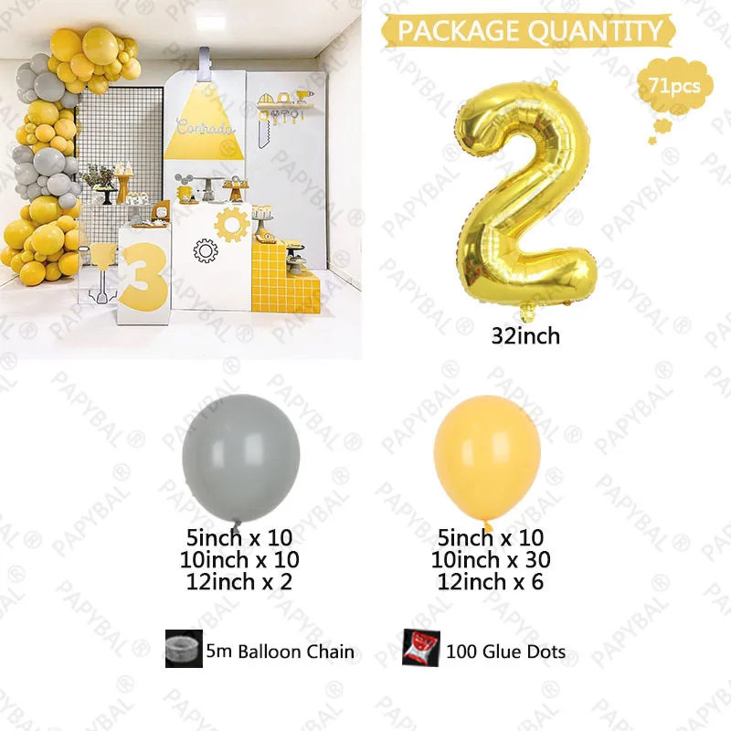 71PCS 5/10/12inch Grey Yellow Latex Balloons Arch Garland Kit Screw Tool Theme Gold Number Helium Ballon Birthday Party Decors