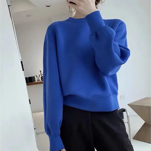 2022 New Korean Style Loose Casual Refined Stylish and Versatile Space Cotton Solid Color Crew Neck Pullover Sweatshirt Women