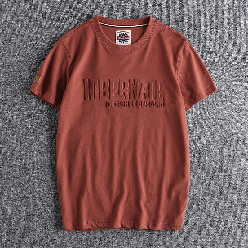 2025 Summer New American Retro Short Sleeve 3D Letter Printed T-shirt Men's Fashion 100% Cotton Washed Youth Casual Sport Tops