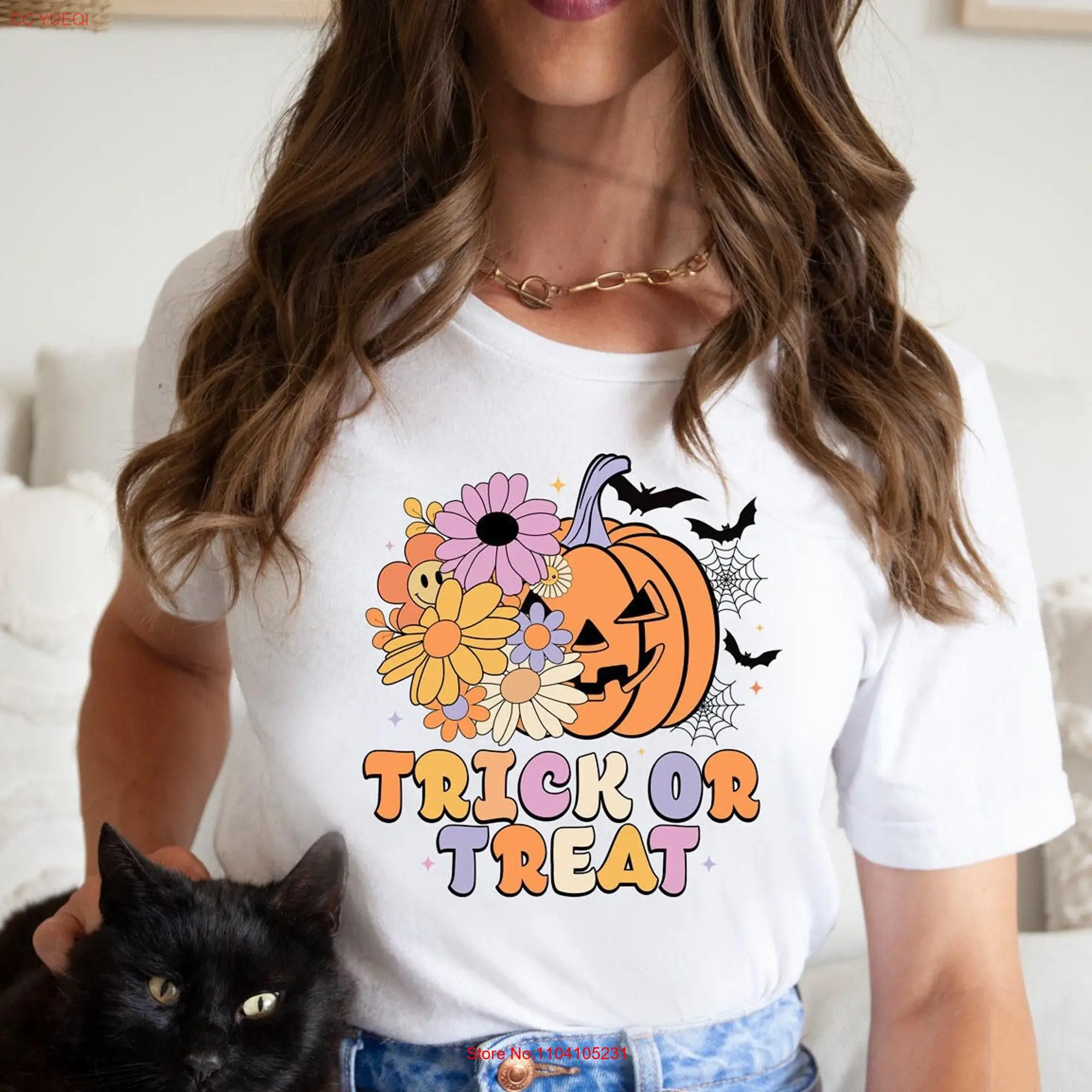 Halloween T Shirt Floral Pumpkin GhosT Costume Retro Daisy Cute Trick Or Treat F28 long or short sleeves