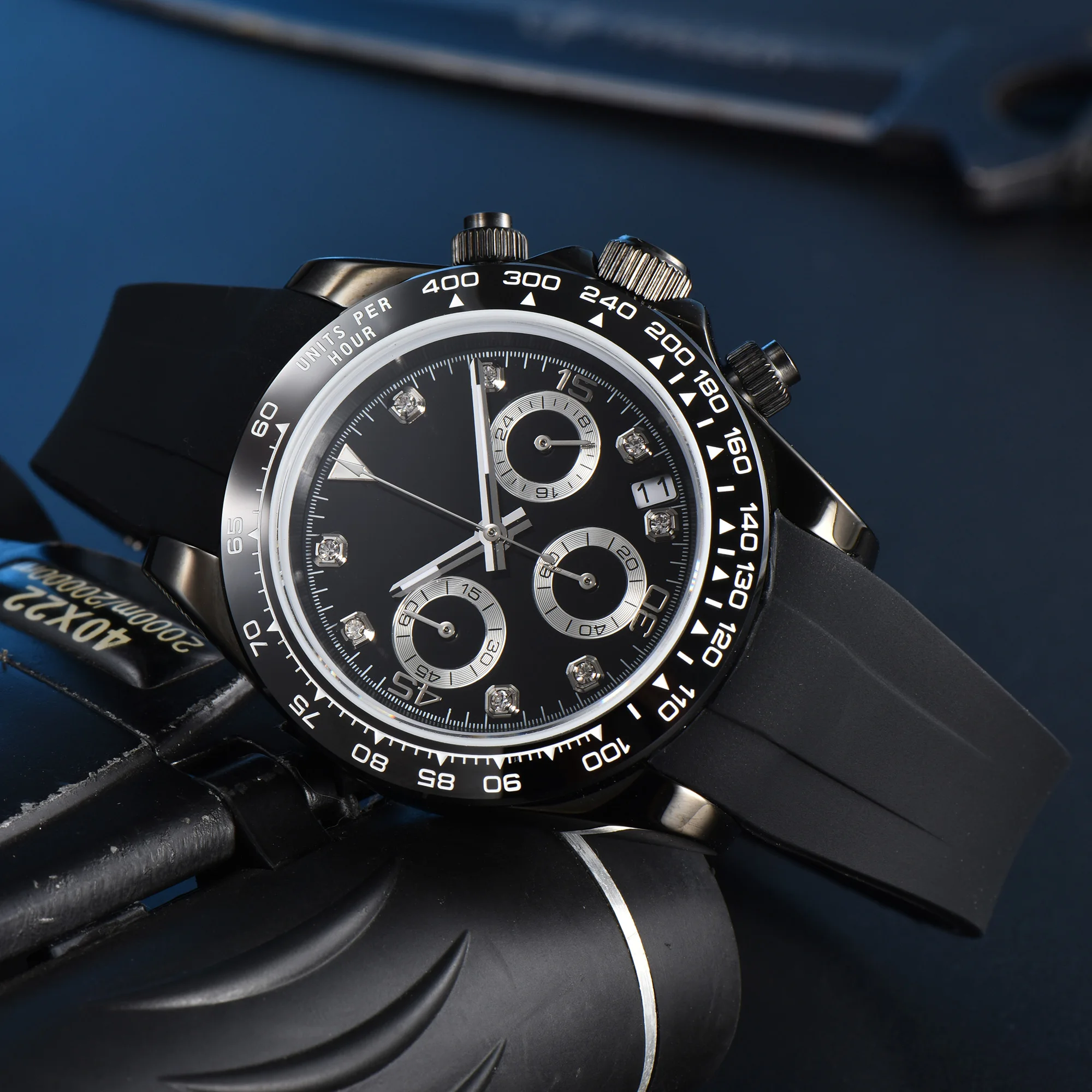 Reloj cronógrafo personalizado para hombre con caja negra/dorada PVD de 40mm, esfera estéril, pulsera de acero con cristal de zafiro, reloj deportivo de cuarzo para hombre