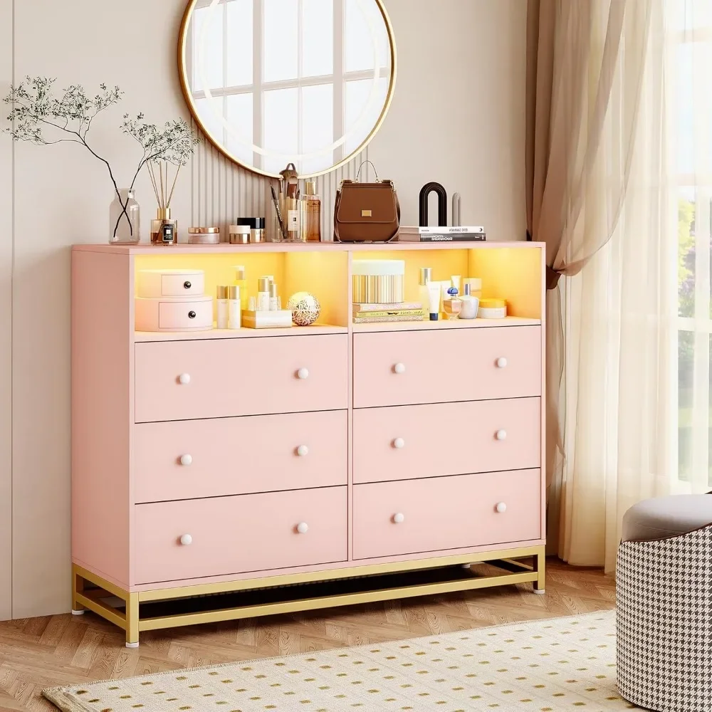 Dresser, 6 Drawers, Double Dresser, TV Cabinet with Power Socket and LED Lights for Room, Hallway, Wooden Dresser