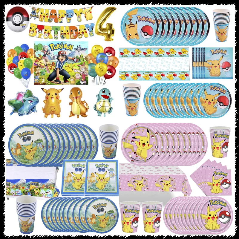 Pokemon Birthday Party Decorations Set Cartoon Pikachu Pink Blue Yellow Tableware Balloons Banner Backdrop Baby Shower Supplies