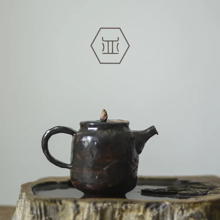 Coarse pottery hand-clawed teapot, Kung Fu tea set, brewing teapot hand-held pot printing, Zen ceramic Japanese-style small brew