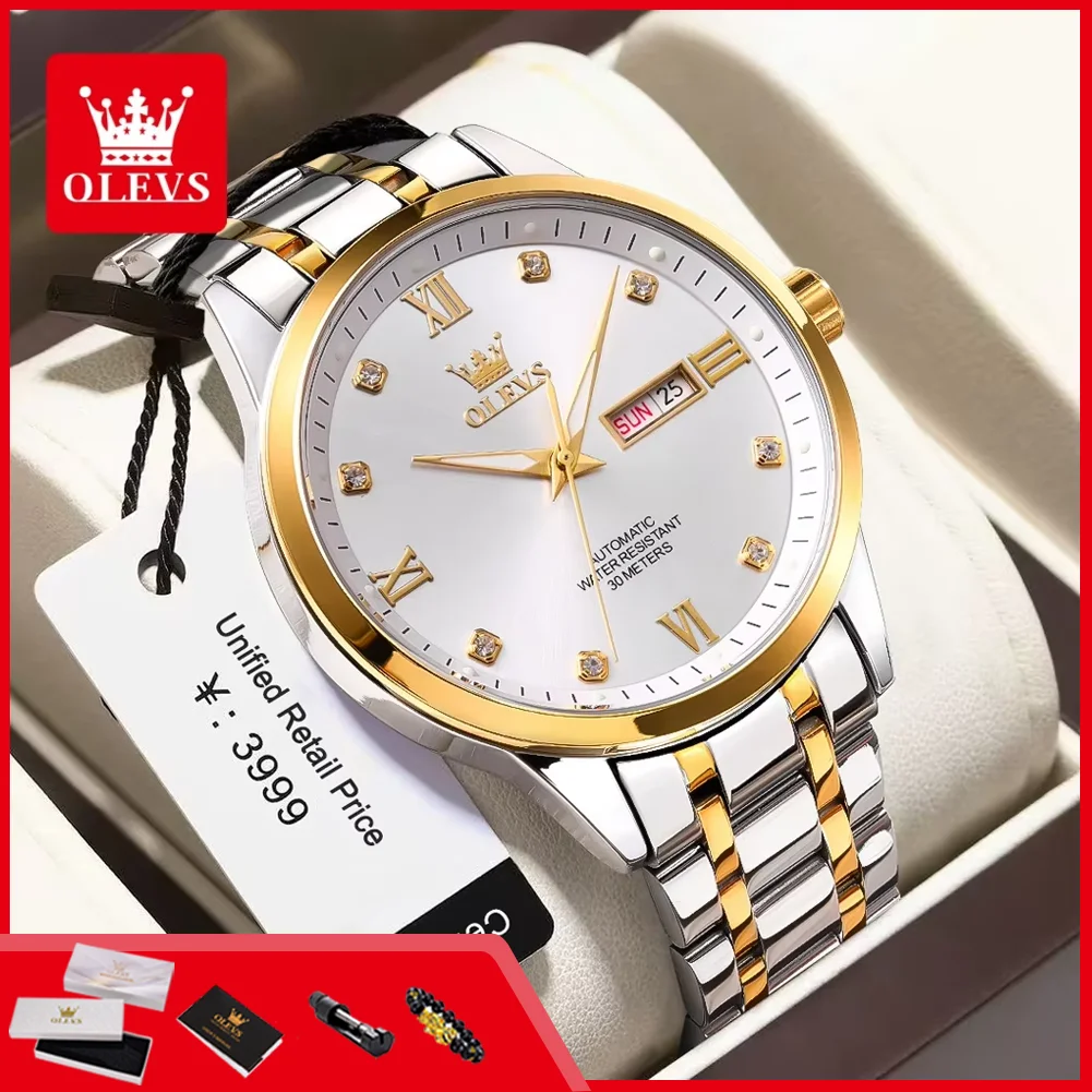 

OLEVS 9946 Оригинальные автоматические мужские часы, горячая распродажа, двойной календарь, водонепроницаемость 30 м, роскошные деловые механические наручные часы для мужчин