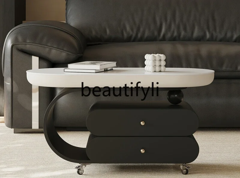 

Minimalist removable coffee table living room household French light luxury high-end oval rock slab cart side table