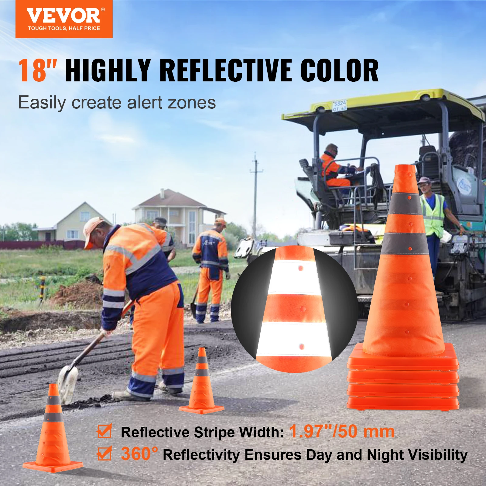 VEVOR 2/4 Pack 18 inch Collapsible Traffic Cones with Reflective Collars and A Storage Bag for Traffic Control Parking Lots