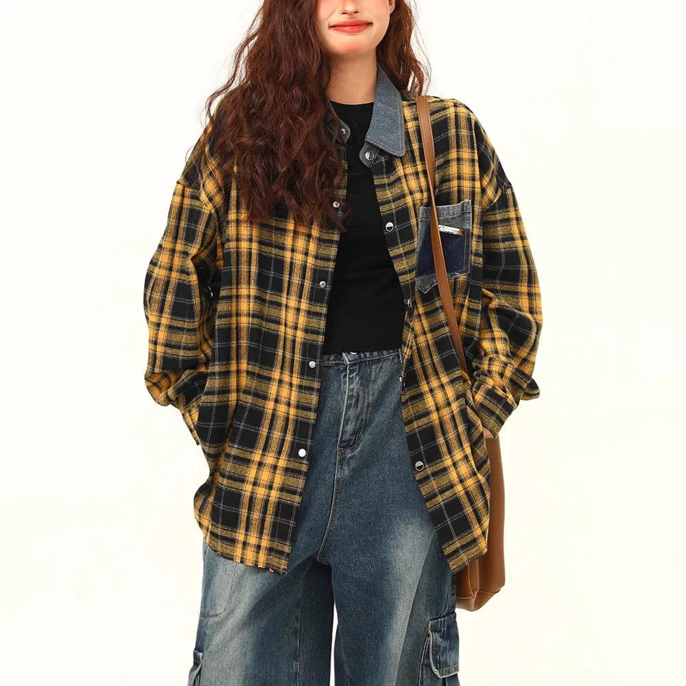 Womens Plaid Shacket Jacket Long Sleeve Button Down Shirts Casual Oversized Blouses With Pocket