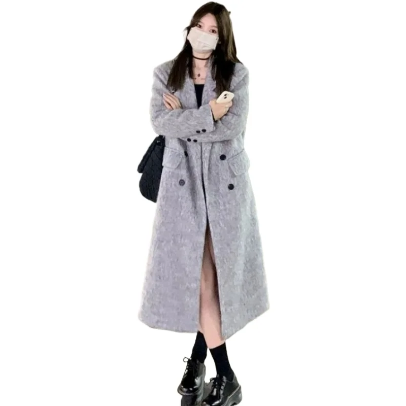 Winter High-Grade Women Gray Thickened Warm Woolen Coat Female Long Below The Knee Hepburn Style Casual All-Match Outerwear