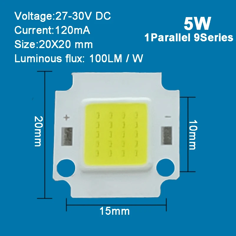 9V 27V 30V Warm White 4000K LED COB Light + 20mm Square Substrate