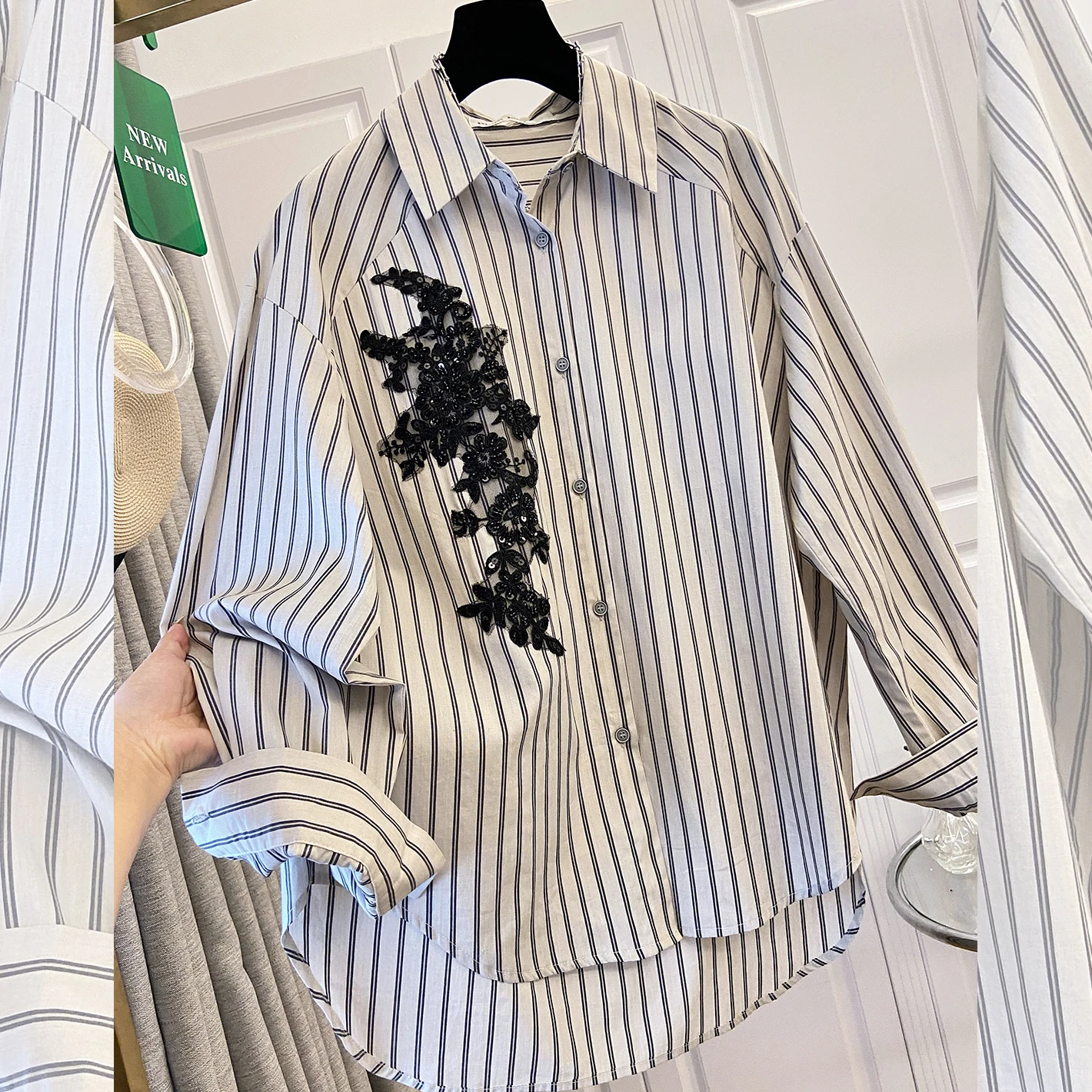 

Женская рубашка с длинным рукавом и вышивкой, повседневный свободный топ, весенне-осенняя верхняя одежда в вертикальную полоску, новая модная верхняя одежда для повседневной носки