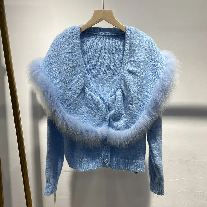 

2025 женский осенний цвет с воротником из натурального лисьего меха, толстый вязаный тонкий роскошный свитер для девочек, куртка, пальто