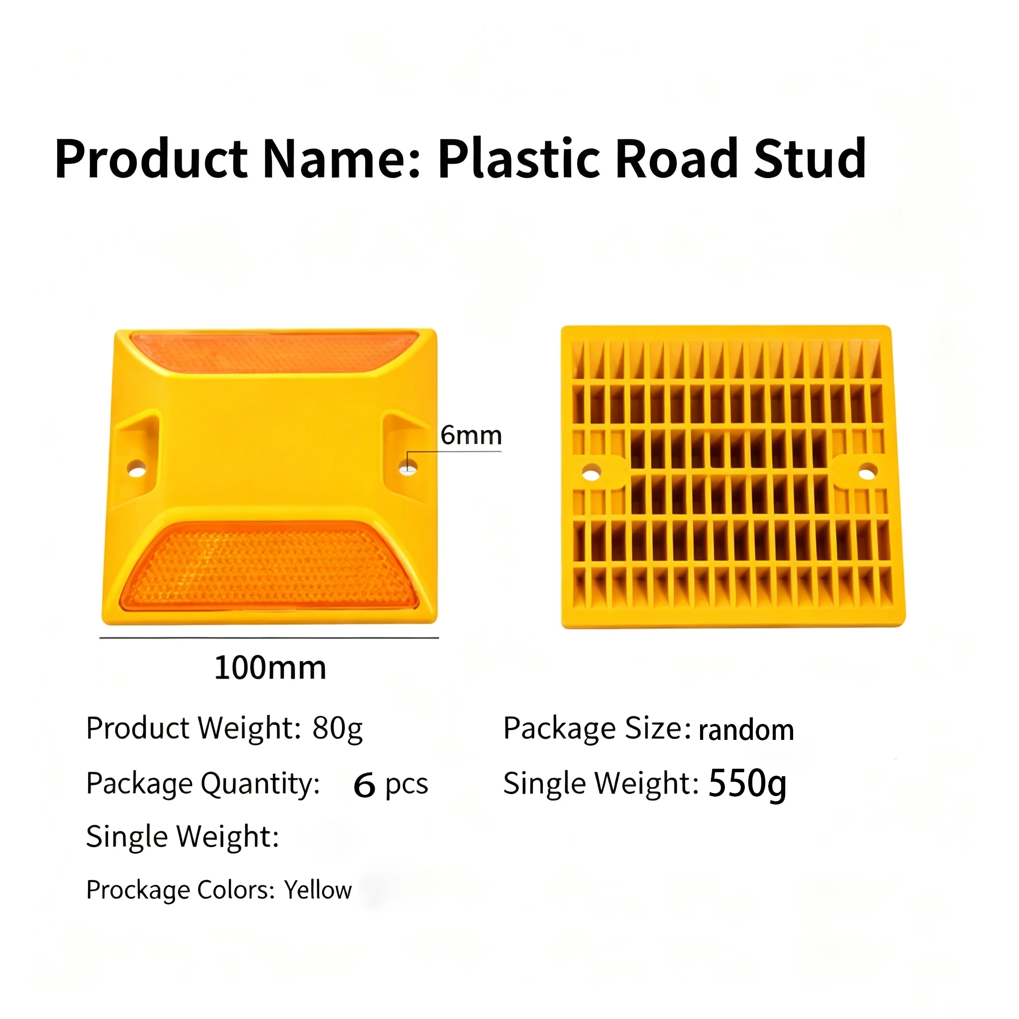 6pcs Reflective Studs Durable Plastic Raised Night Visibility Driveway Reflectors Road Markers Heavy Duty Traffic Safety Road