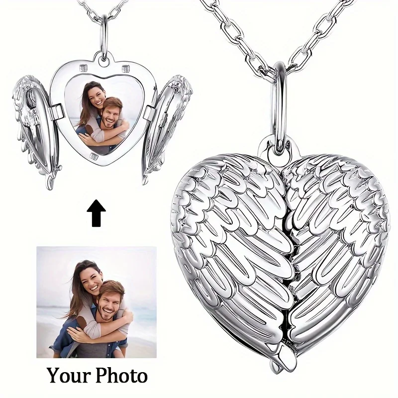 Custom Picture/photo Small Box Pendant Necklace, Personalized Angel Wing Small Box Pendant Men's Women's Necklace Christmas Gift