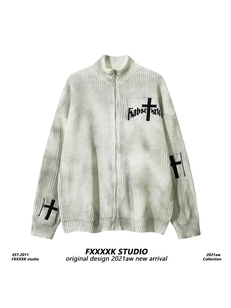 

FXK Original Retro American Cross Color Spray Painted Zipper Open Cardigan Knitted Sweater Jaet for Boys Spring Autumn