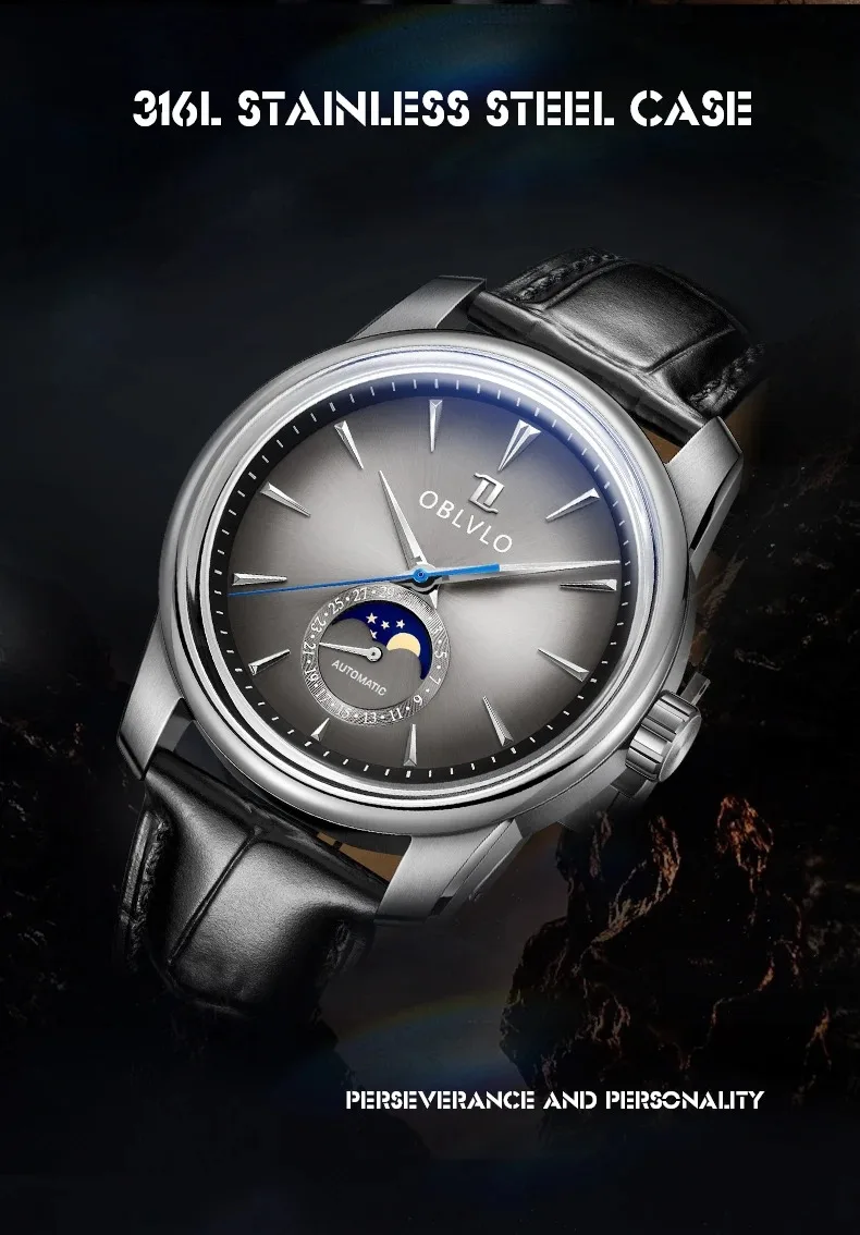 OBLVLO ساعة أوتوماتيكية للرجال 42 ملم Moonphase ساعة يد ميكانيكية 5ATM حزام جلدي مقاوم للماء