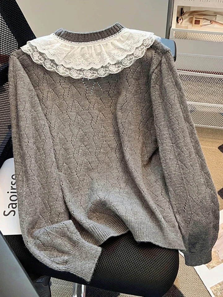 الدانتيل تقسم سترة برقبة على شكل v رمادي طويل الأكمام سترة مشغولة من الصوف المرأة 2025 ربيع الخريف جديد واحدة الصدر كوريا الأعلى #2