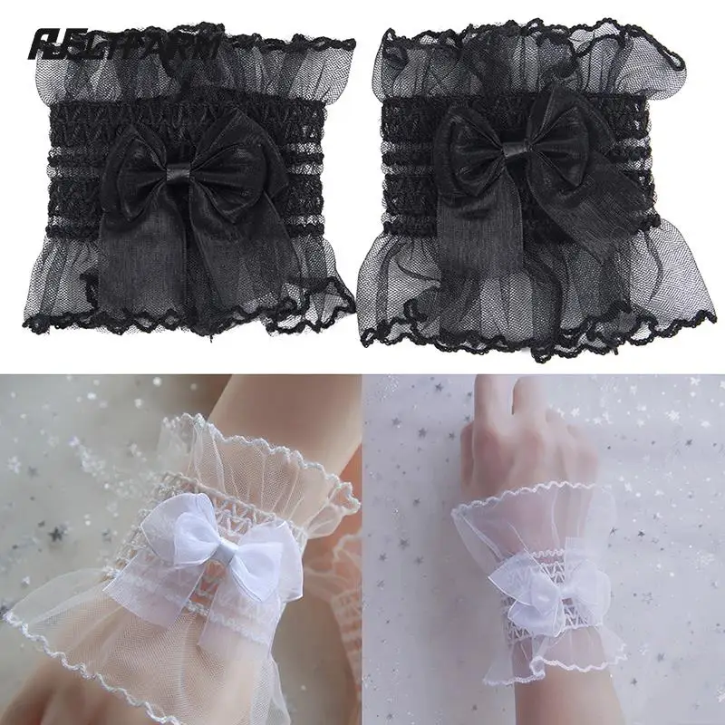 Gothic Lolita Wrist Cuffs Sweet Satin Bow Ruffles Floral Lace Tulle Bracelet Wristband Japanese Maid Cosplay Hand Sleeve