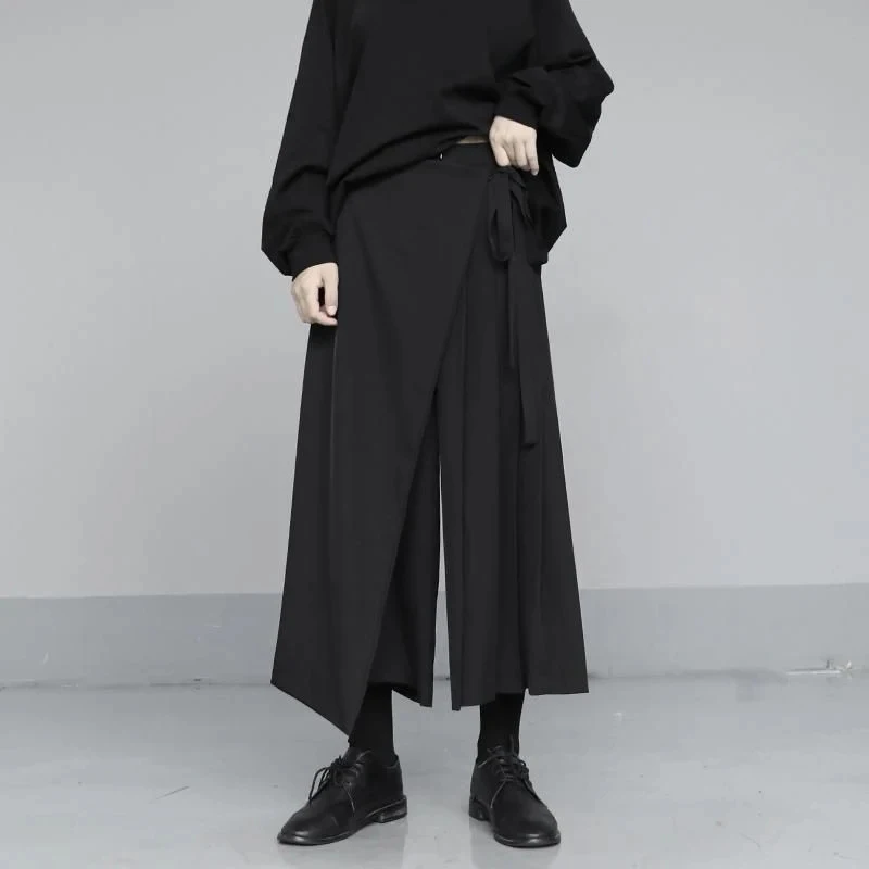 Pants Women Black Pleated High Elastic Waist Split Wide Leg Trousers Spring Autumn Irregular Fashion Solid Bandage Loose Pants