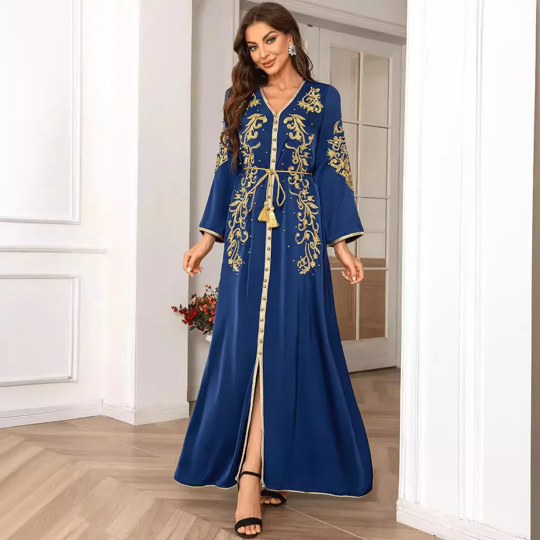 ZD067 Saudi Muslim Women's Clothing V-neck Long sleeved Dress Women's Robe Abaya