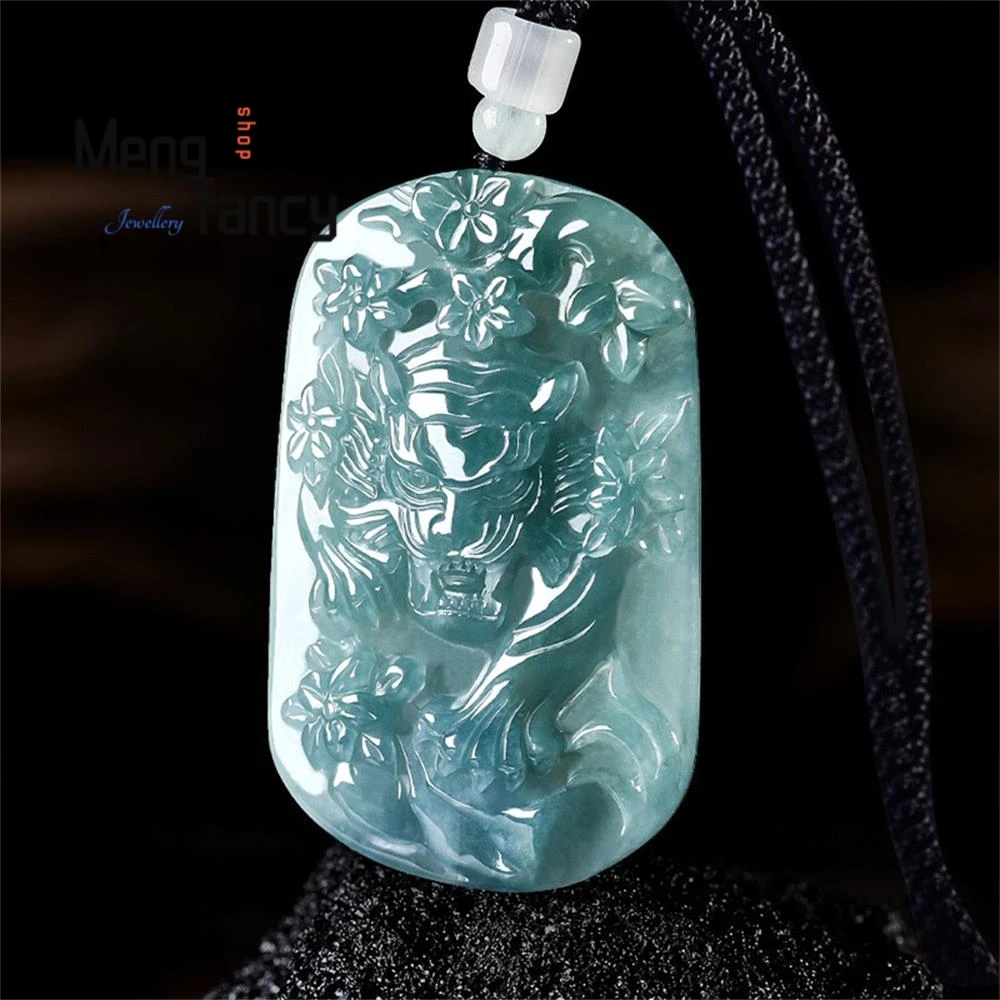 Natural A-grade Jadeite Blue Water Chinese Zodiac Tiger Roar Mountain Forest Pendant Exquisite Fashion Jewelry Fine Holiday Gift