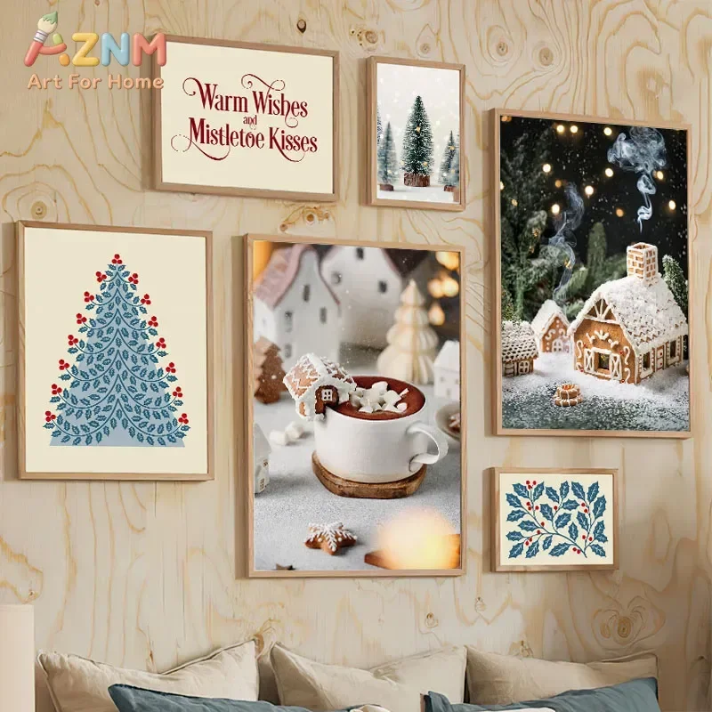 AZNM Vintage Christmas Gingerbread House Canvas Wall Art, Winter Tree Hot Cocoa Holiday Quote Print, Unframed Canvas Painting fo