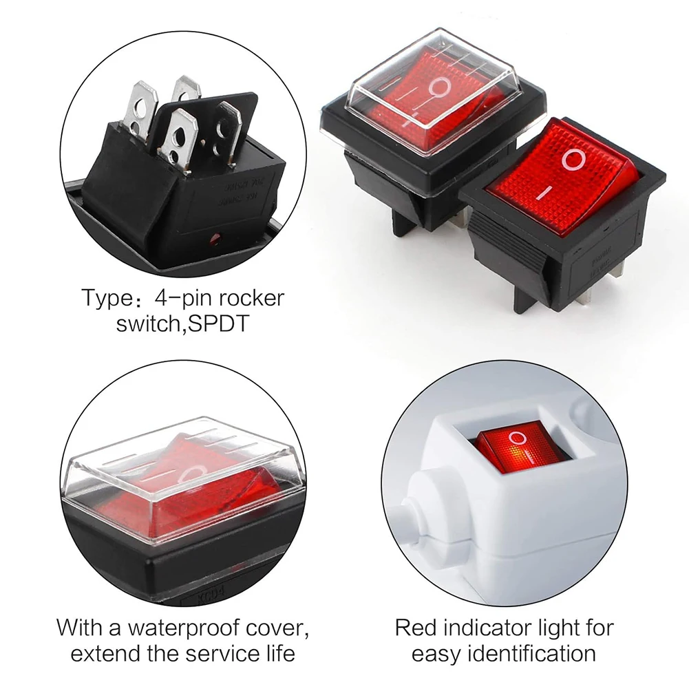 4-Pin Rocker Switch Red Illuminated Switch Automobile Boat Moisture Protection Thermoplastic Engineering Materials