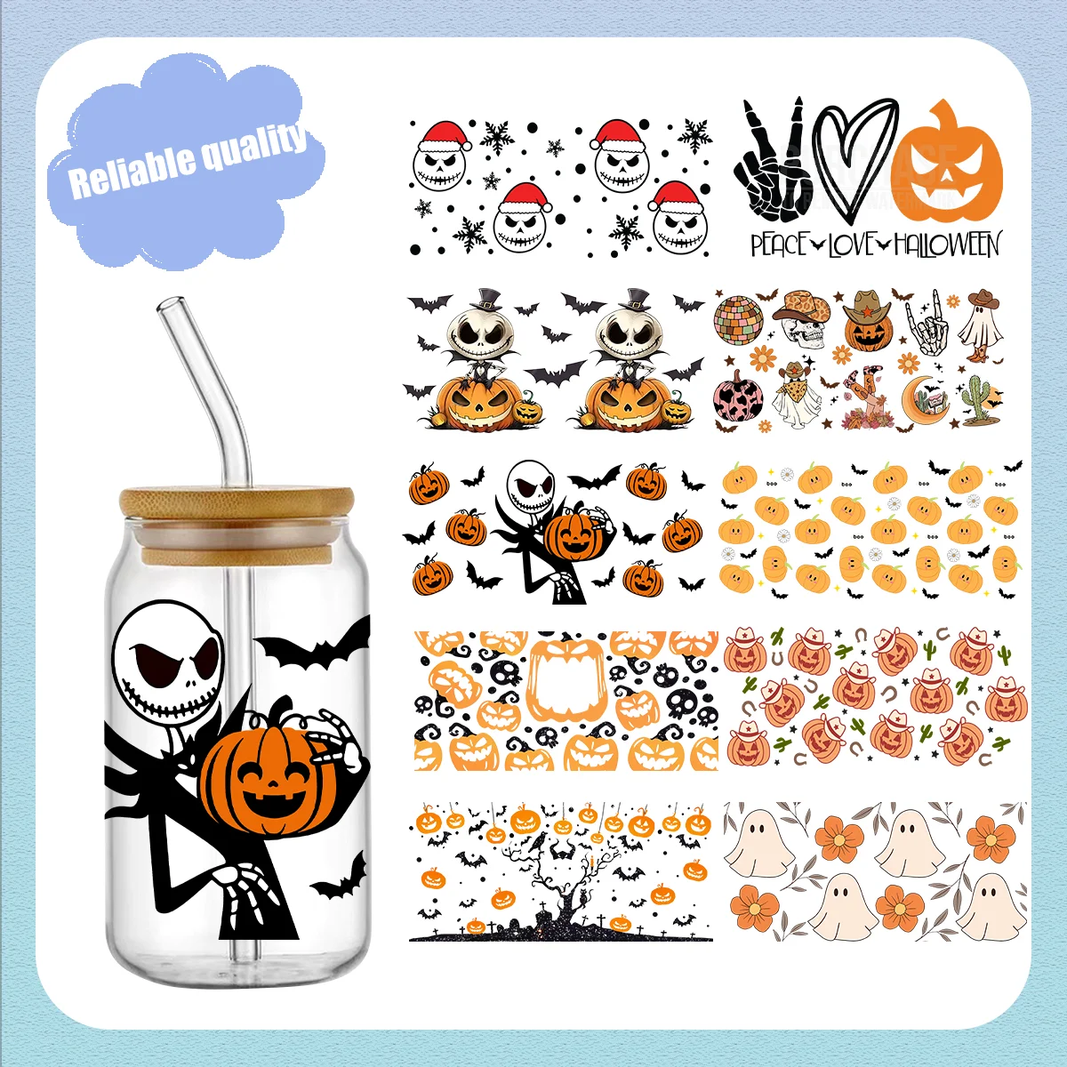 

Hallowen 's Day Theme UV DTF Cup Wrap For Durable Waterproof Logo 16oz Glass Wrap High Temperature Resistance