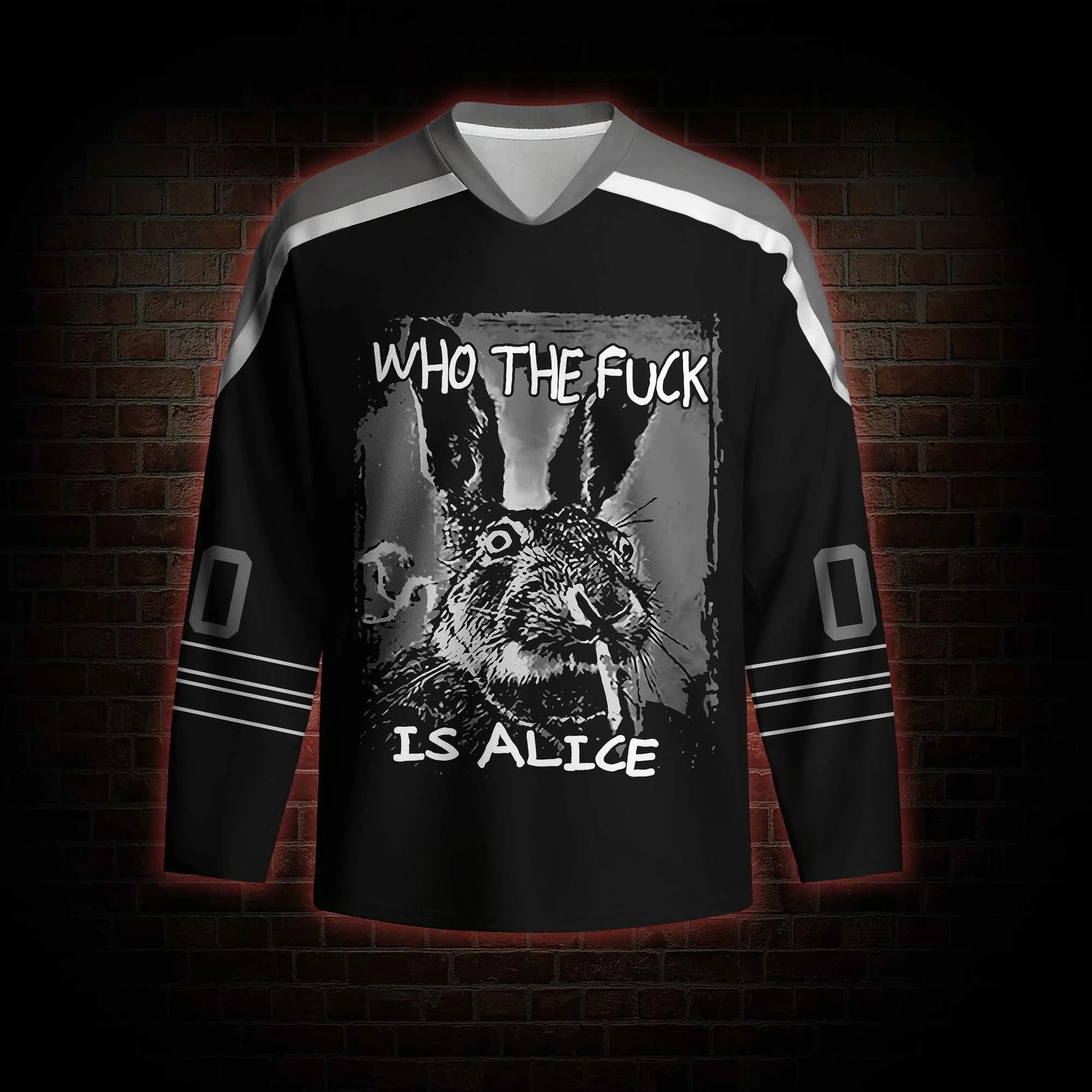 2026 Grunge Dark Rabbit Graphic Long Sleeve Hockey Jersey, V Neck Punk Streetwear Top, Vintage Gothic Halloween Party Outfit