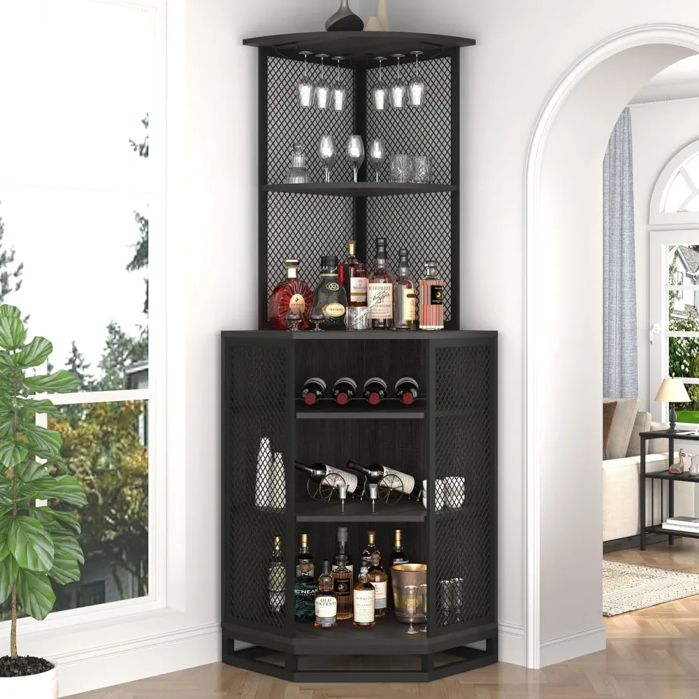 

Tall Corner Bar Cabinet, Large Wood and Metal Liquor Cabinet with Wine Rack, Industrial Corner Wine Cabinet with Adjustble Shelf