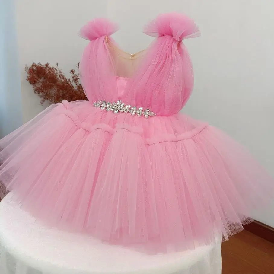 New Children's Host Catwalk Ball Gown Sleeveless Beading Design Wedding Birthday Baptism Party Girls Pink Dress A3703