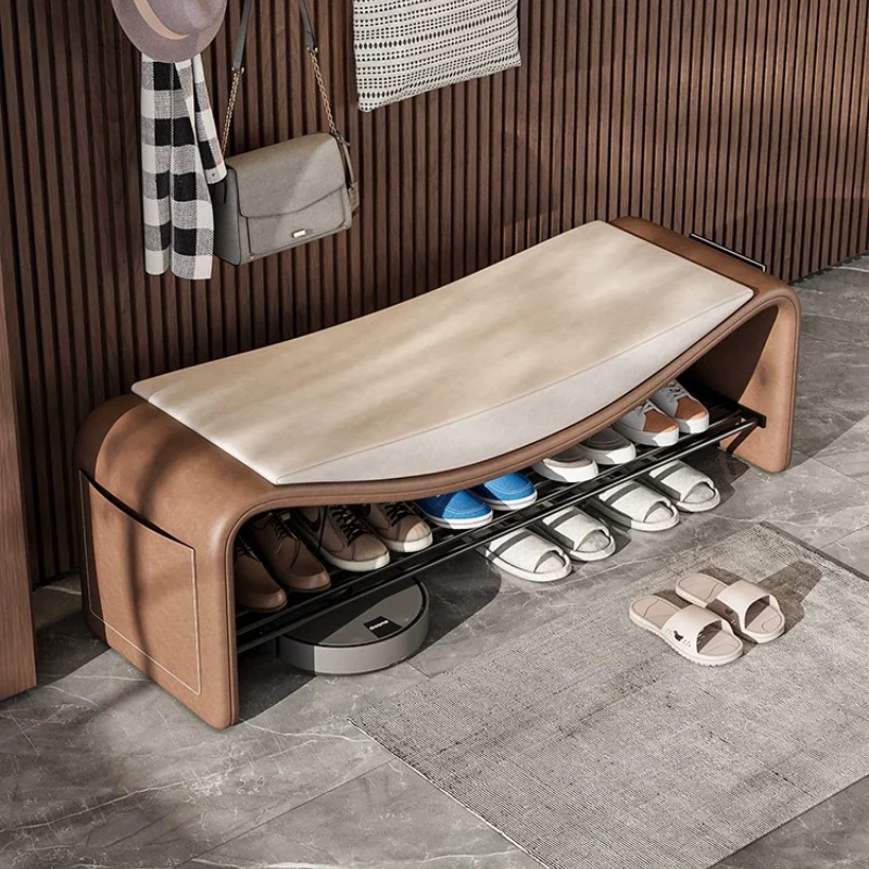 Upholstered Wave Shape Hall Bench Contrast Color Soft Seat Side Slip Pocket Lower Metal Shoe Storage Rack for Indoor Front Door