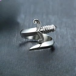 Punk Neo Gothic Design Dagger Ring for Men and Women Creative Silver Color Curved Sword Ring Opening Adjustable Size Jewellery