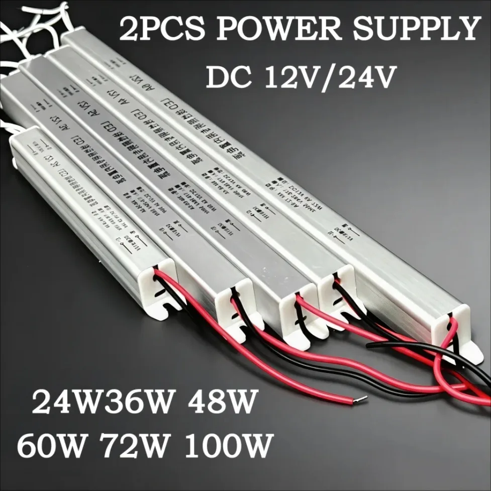 1/2PCS 24W 36W 48W 60W 100W AC to DC LED Strip Power Supply Driver DC12V/24V IP20 Waterproof Aluminum Shell For Outdoor Lighting
