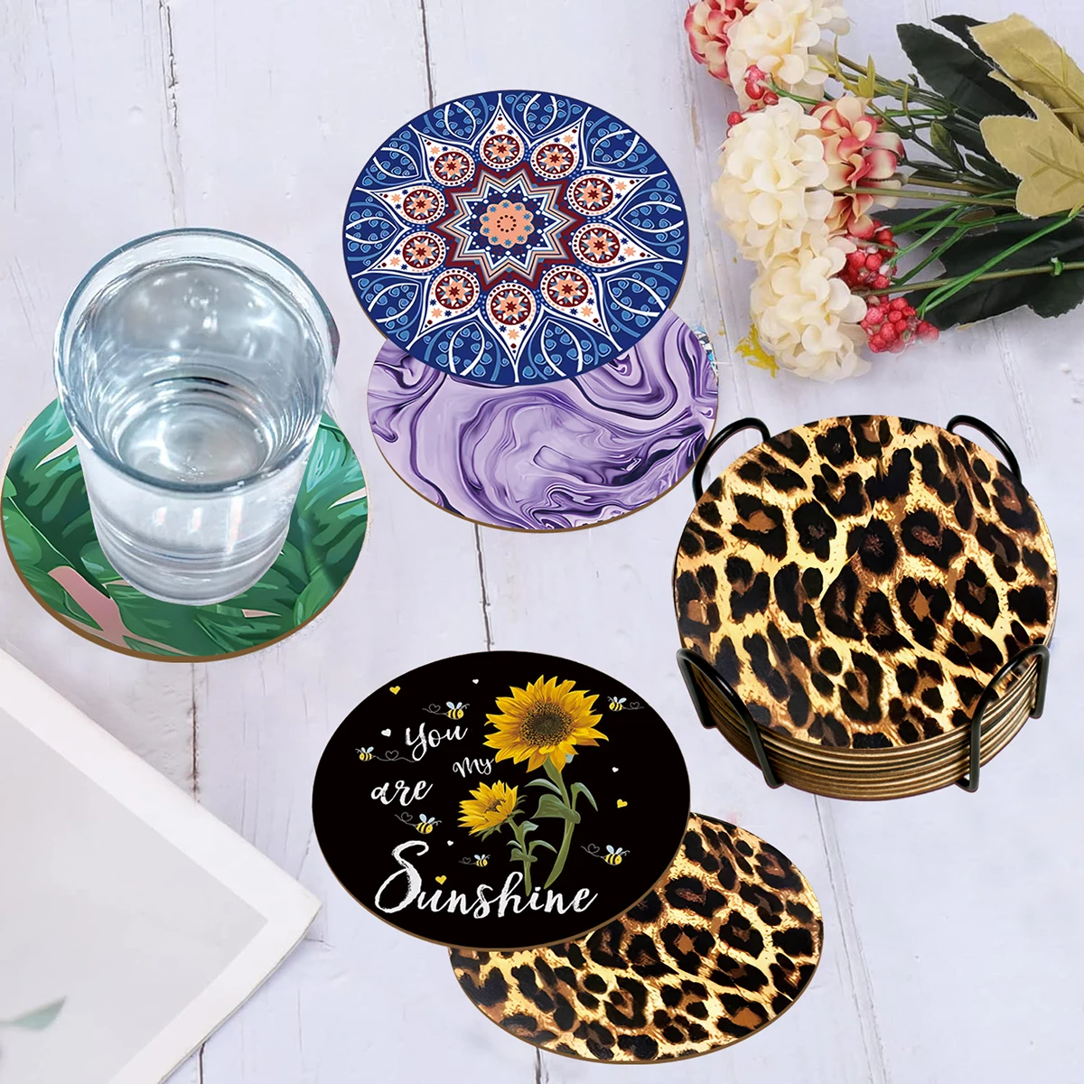 5/6 Pieces of round Coasters, fir flower Pattern with bracket, Wooden material, Suitable for outdoor cafe desktop Decoration