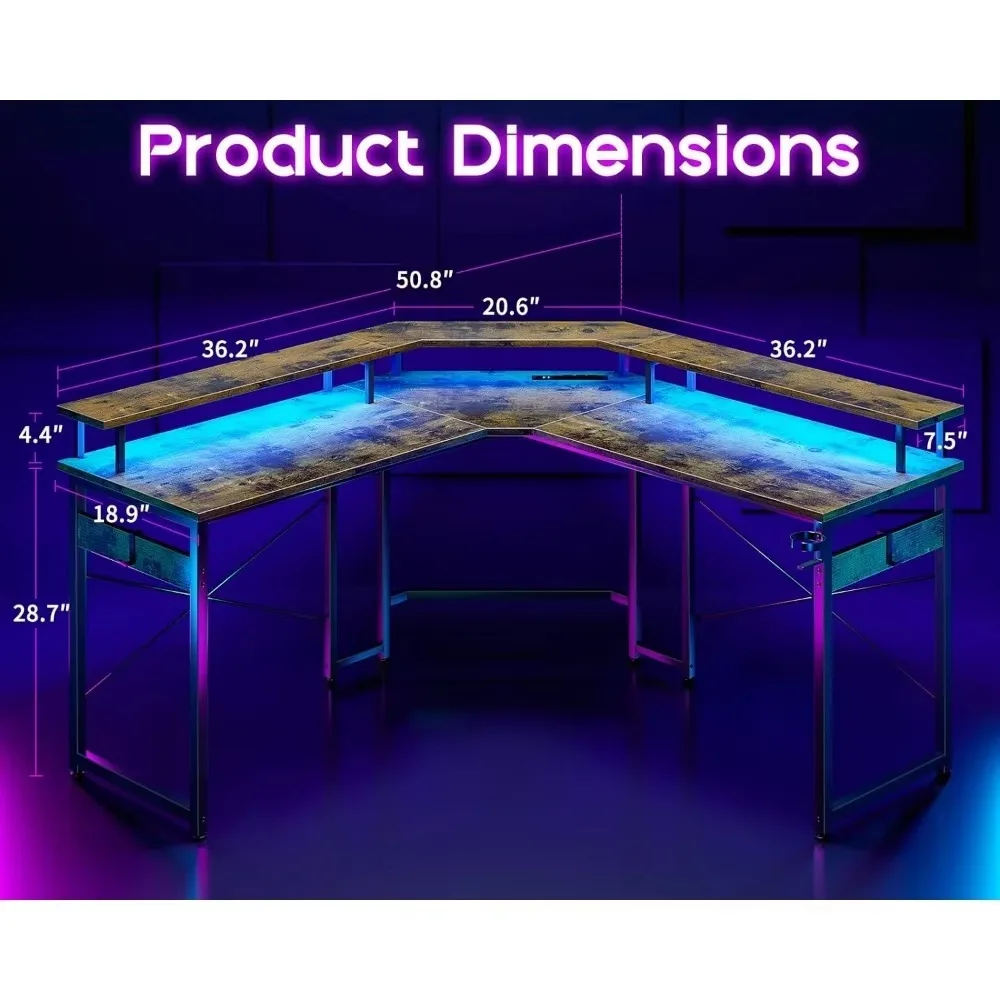 Mesa de computador com luzes LED e tomadas de energia, mesa de jogos de 51 polegadas com suporte completo para monitor, mesa de canto com suporte para copos e ganchos