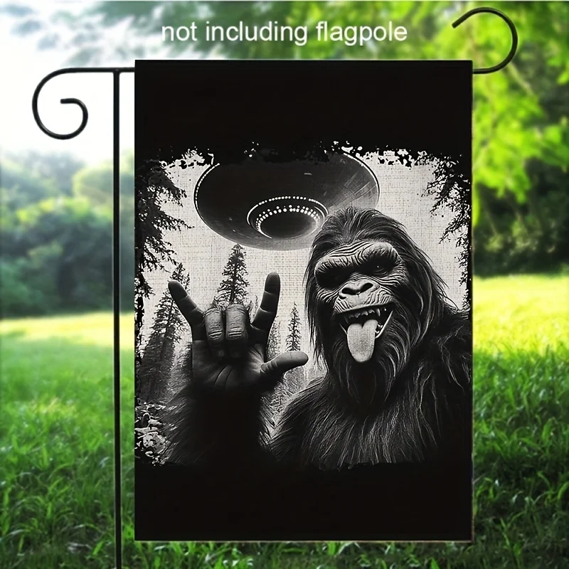 1Pc Bigfoot UFO Garden Flag - 12x18 Inch Double Sided Nature Lovers Outdoor Yard Decor, Country Farmhouse Porch Design, Black and White Orangutans and UFOs, Outdoor Decor | Optimistic Design | Durable Outdoor Flag, Bigfoot Decor