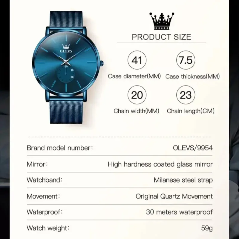 OLEVS  Ultra thin Dial Men's Watches Stainless steel Mesh Strap Waterproof Luminous TOP Brand Casual Quartz Watch for Men 9954