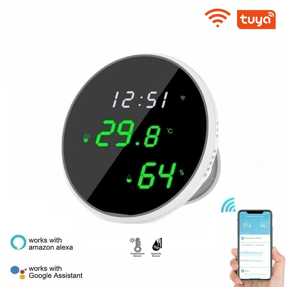 WIFI Tuya Moisture Temperature Sensor Smart Clock ℃/°F Display LED Mirror Screen Tuya APP Real Time Monitoring for Smart Home